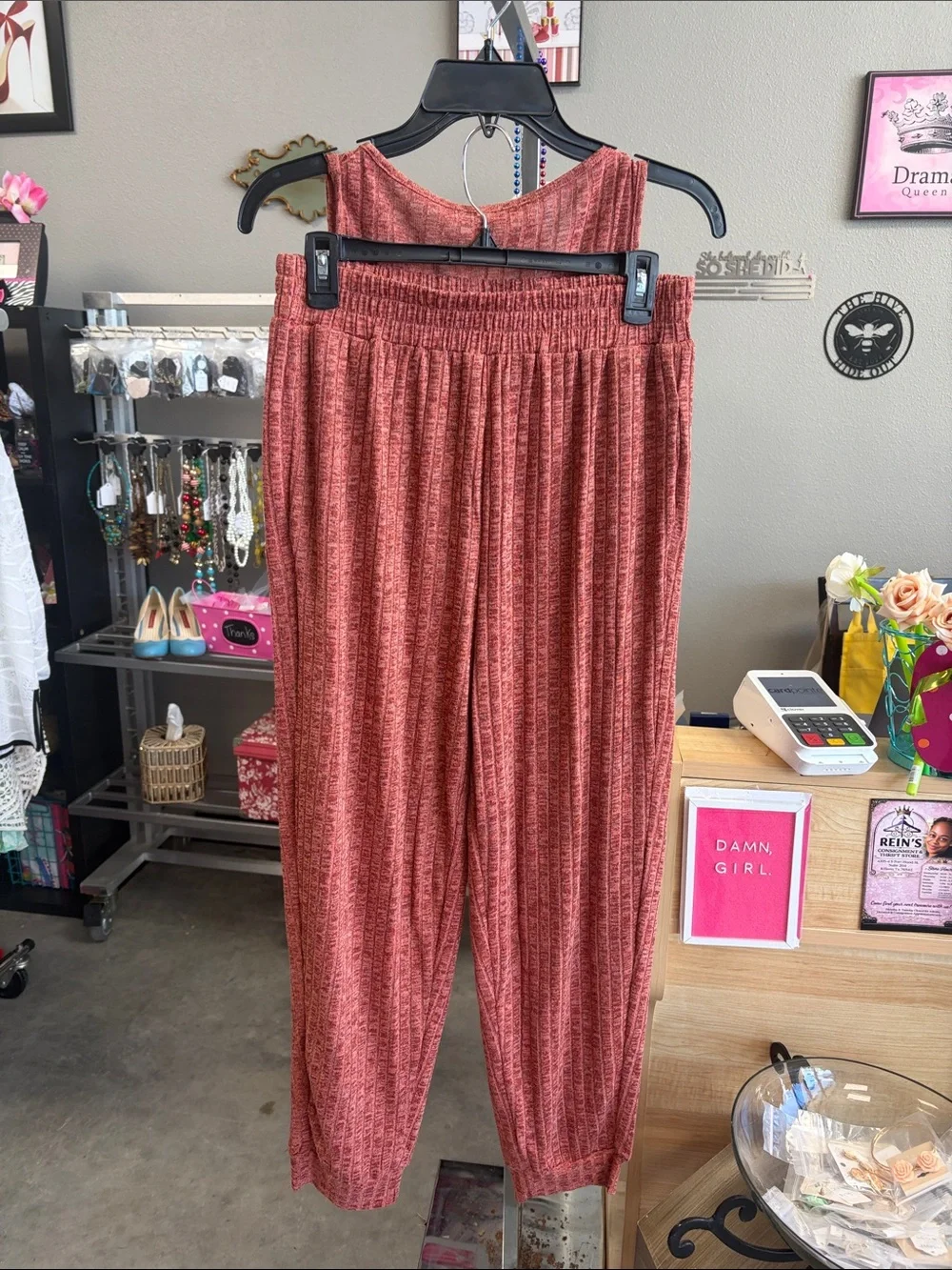 Women's Ribbed Cold-Shoulder Pantsuit in Rust - Picture 4 of 5